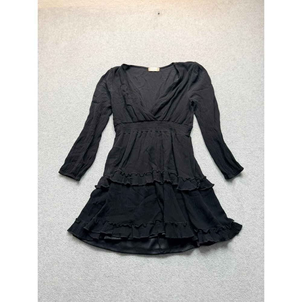 Altar'd State Black Long Sleeve Ruffle Tiered Mini Dress Smocked Waist Small